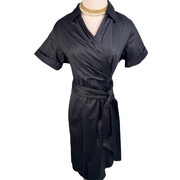 Talbots stretch sateen cotton surplice partial wrap shirt dress black size 14P - Picture 7 of 7
